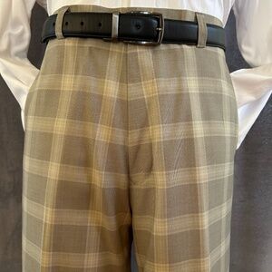 New Henry Jacobson 34x34 taupe plaid wool flat front slacks